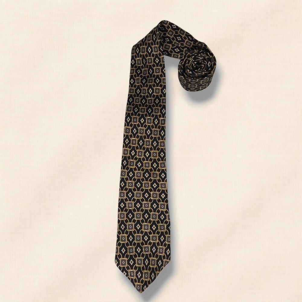 Andhurst Vintage‎ Silk Necktie Geometric Chain Black Gold Made USA Classic OS